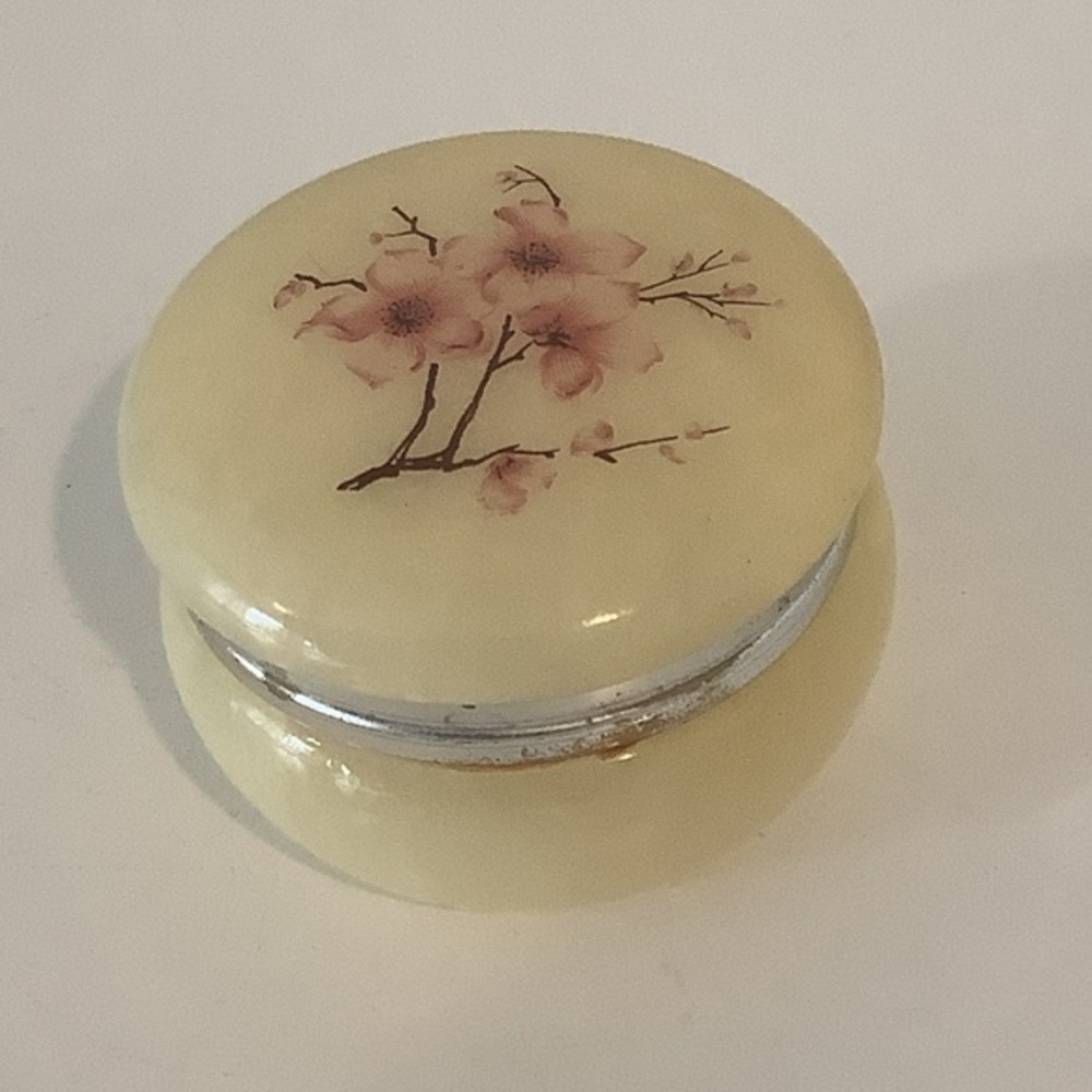 Vintage Alabaster trinket box cherry blossom top silver tone accents Italian